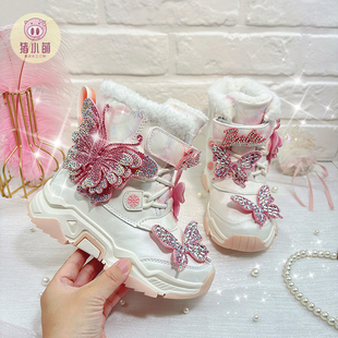 白色粉蝴蝶雪地靴冬季防水加厚保暖女童儿童宝宝巨好看的加绒鞋子