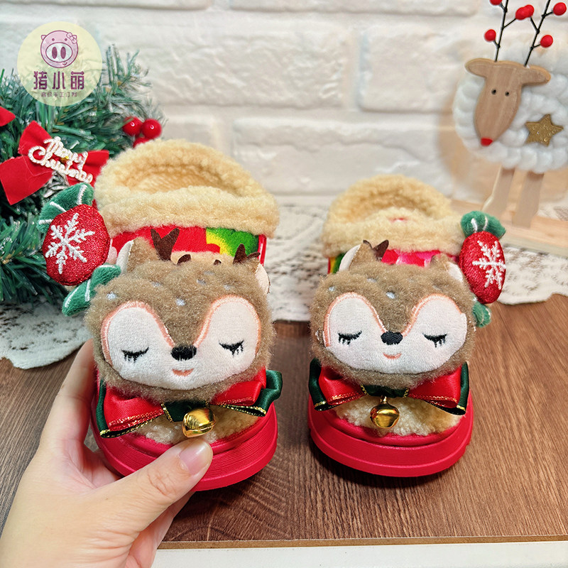 红色圣诞麋鹿糖果东北大花女童棉拖鞋包跟室内儿童2025新款鸳鸯鞋