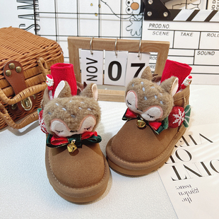 女童圣诞雪地靴2025秋麋鹿冬季加厚雪地棉女款儿童冬款厚底大棉鞋