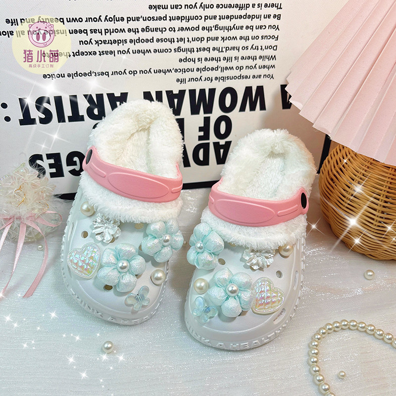 女童宝宝加绒拖鞋可爱室内家用冬季棉拖鞋洞洞鞋2025年新款可外穿