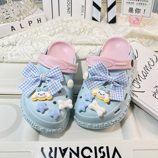 蓝蝴蝶结女童洋气拖鞋外穿百搭儿童洞洞鞋女孩凉鞋2026年新款防滑