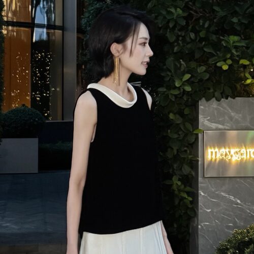 TTIER｜A面真丝丝绒B面醋酸撞色设计上衣MSL100