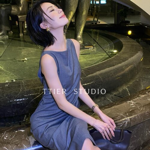 【八点热门】TTIER |【权威女性】夏羊毛醋酸定制面料连衣裙MS442