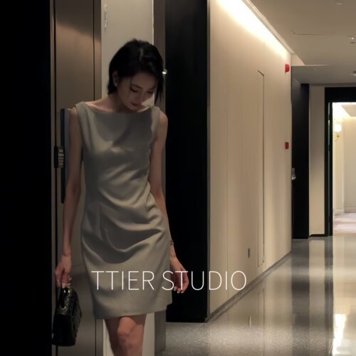 TTIER｜【富家千金】夏季复古无袖立裁一字领显瘦女士连衣裙MS334