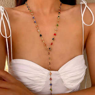 2025年新款时尚彩色宝石珍珠毛衣链Y型多巴胺y2k氛围感装饰长项链