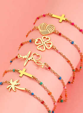 彩色滴油米珠钛钢十字架手链