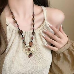 文艺森系复古民族风编织木珠合金叶片花朵羽毛吊坠长款项链毛衣链