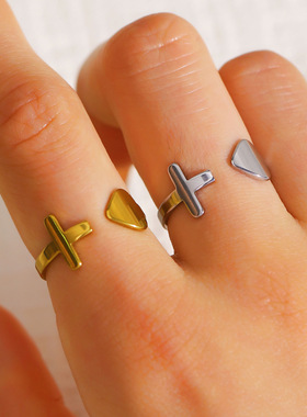 ins极简风钛钢十字架上开口戒指