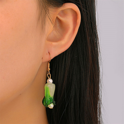 复古翡翠白菜耳环套装清白