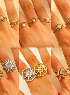 复古个性开口钛钢设计太阳花戒指