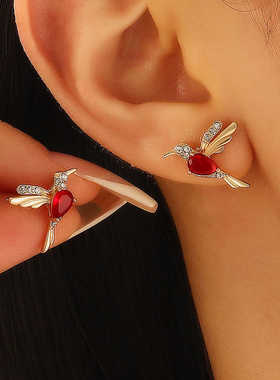 Hummingbird earrings清新时尚蜂鸟耳钉甜美优雅日常多色镶钻耳线