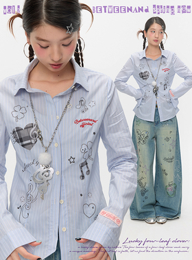 BETWEENAND 秋季蓝色条纹收腰纯棉长袖衬衫女显瘦新款印花上衣