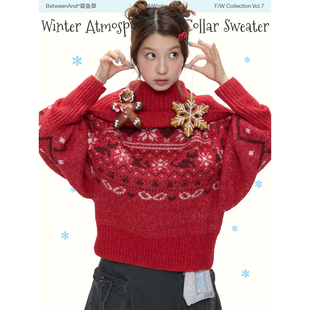 BETWEENAND「北欧小镇」冬日圣诞新年厚实费尔岛大翻领提花毛衣女