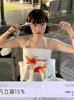 BETWEENAND 夏季彩色串珠白色金鱼吊带度假挂脖无袖上衣女外穿