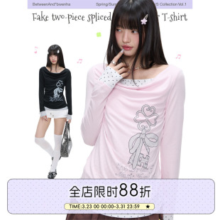 BETWEENAND「粉漾钥匙」纯欲假两件拼接荡领柔软长袖 上衣 T恤修身