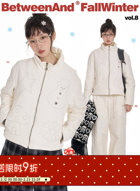 BETWEENAND 冬日立领可爱雪人绗缝棉服女原创奶白色保暖棉衣外套