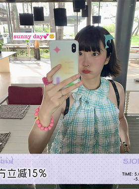 BETWEENAND 夏日绿色泡泡格纹小圆领无袖衬衫别致设计感小衫上衣