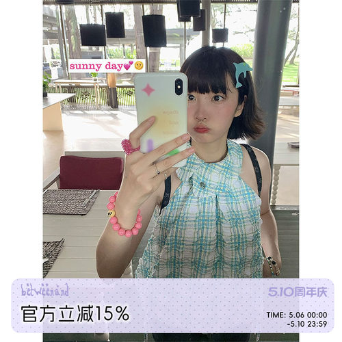 BETWEENAND格纹圆领无袖上衣