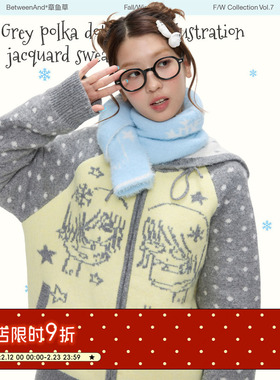 BETWEENAND「星光章语」冬日黄灰波点插肩袖加厚轻亚软糯提花毛衣