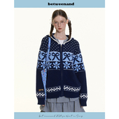BETWEENAND 氛围感费尔岛提花设计防风保暖连帽针织毛衣外套 冬季