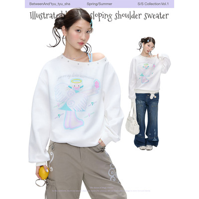 BETWEENAND「天使之翼」春季白色星星烫珠斜肩天使卫衣女2026新款