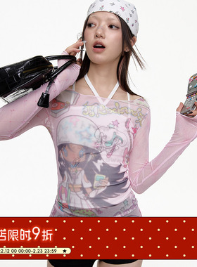 BETWEENANDx鸟鸟一 夏季千禧梦幻粉拼接网纱长袖女小众一字领上衣