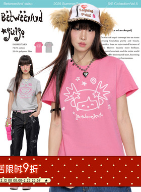 BETWEENAND 夏季suiso印花闪粉印花正肩短袖T恤女设计感短款上衣