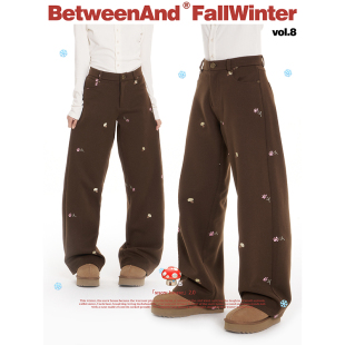 女款 BETWEENAND 冬季 棕色敲显瘦长裤 原创设计小花蘑菇刺绣直筒裤