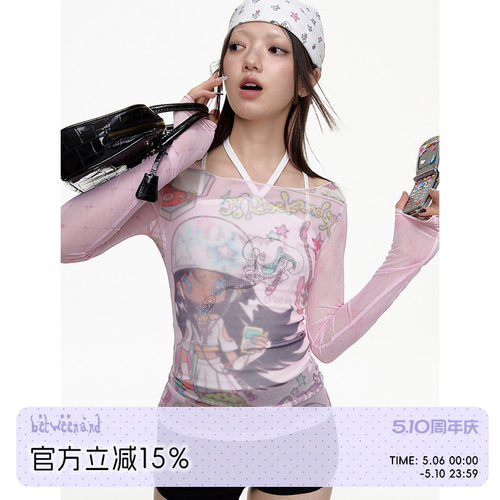 BETWEENAND千禧粉色拼接网纱长袖