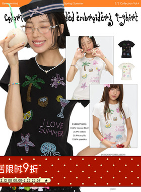 BETWEENAND 夏季短款双色彩色海岛珠绣短袖t恤女新款独特修身上衣