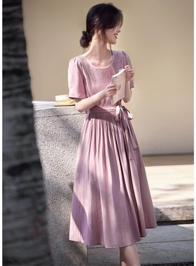 GG。【夏的圆舞曲】藕粉色圆领短袖连衣裙女夏季打条工艺垂感显瘦