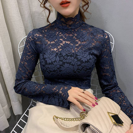 秋装新款女蕾丝衫长袖打底衫花边半高领修身加绒加厚洋气内搭上衣