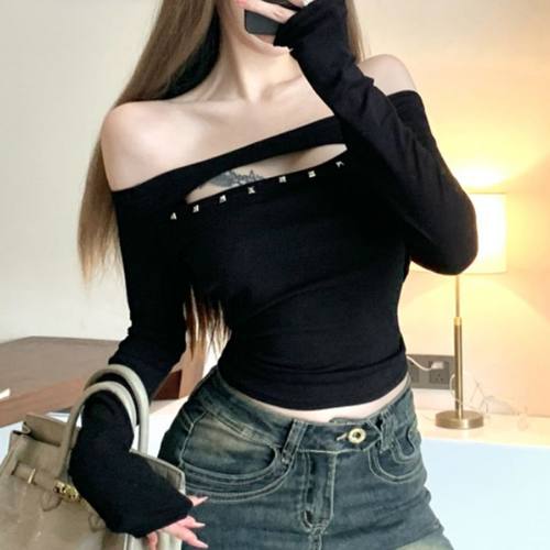 美式辣妹风长袖T恤女秋冬2025新款设计感镂空铆钉修身显瘦打底衫