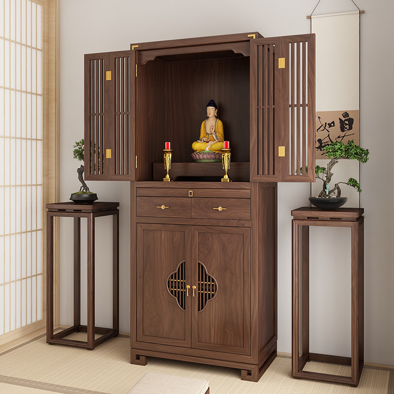 黑胡桃木财神爷柜子佛台菩萨柜子佛柜家用供桌神台佛龛新中式立柜