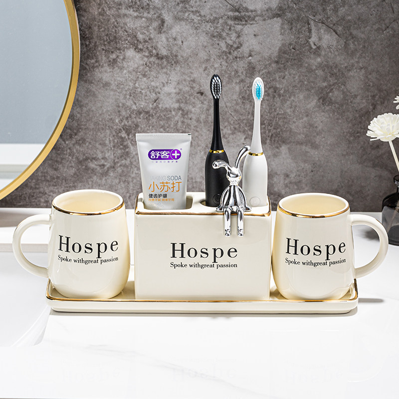 刷牙杯陶瓷洗漱四件套家用情侣轻奢牙刷漱口杯套装托盘卫浴牙缸杯