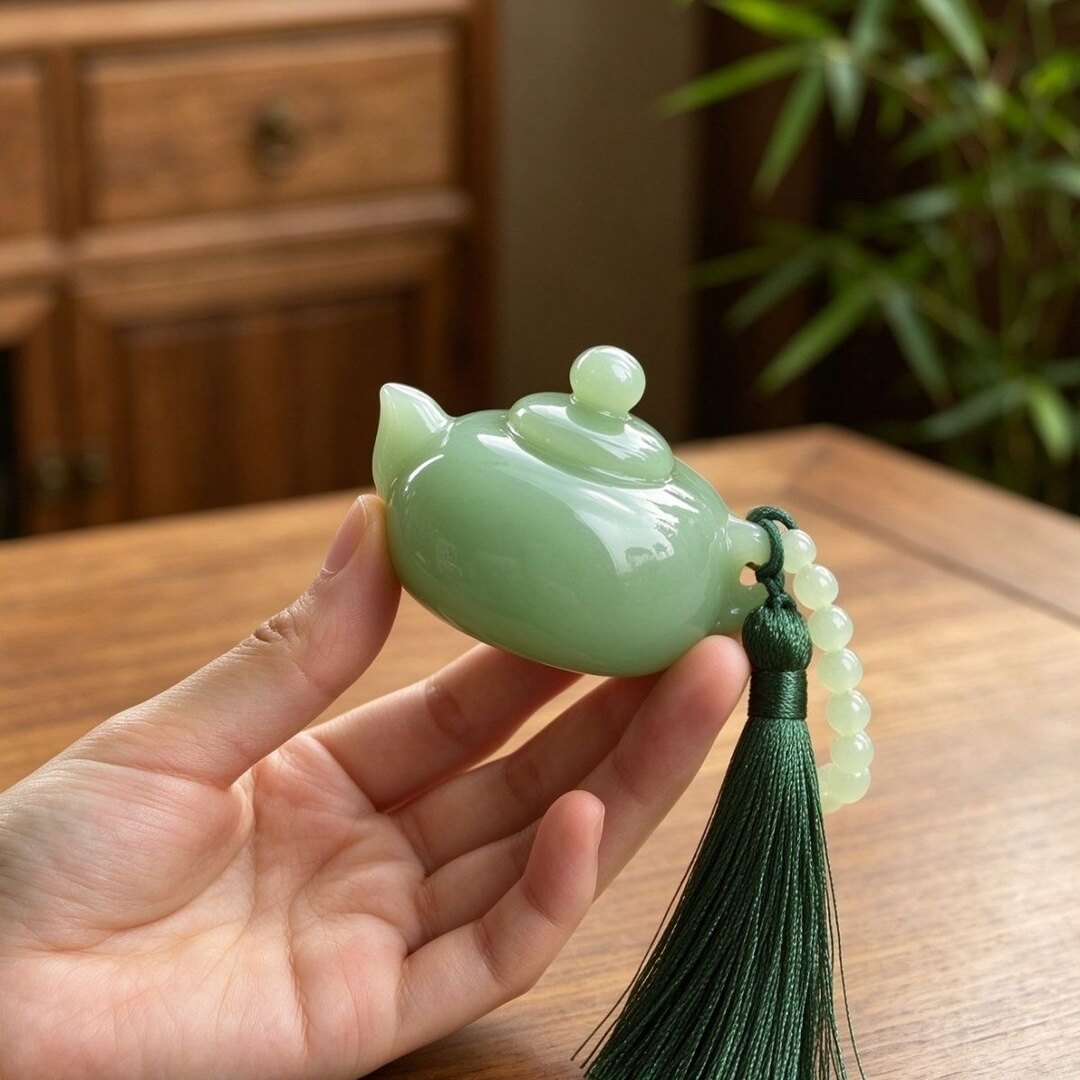 和田玉青玉壶把手菠菜玉石碧玉酒壶纯天然麻将把把壶吊坠解压饰品