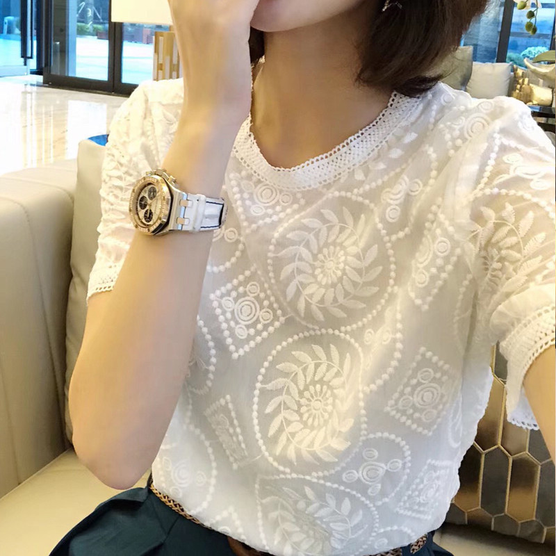香港2026年夏季新款韩版百搭圆领短袖T恤雪纺衫女刺绣蕾丝上衣潮