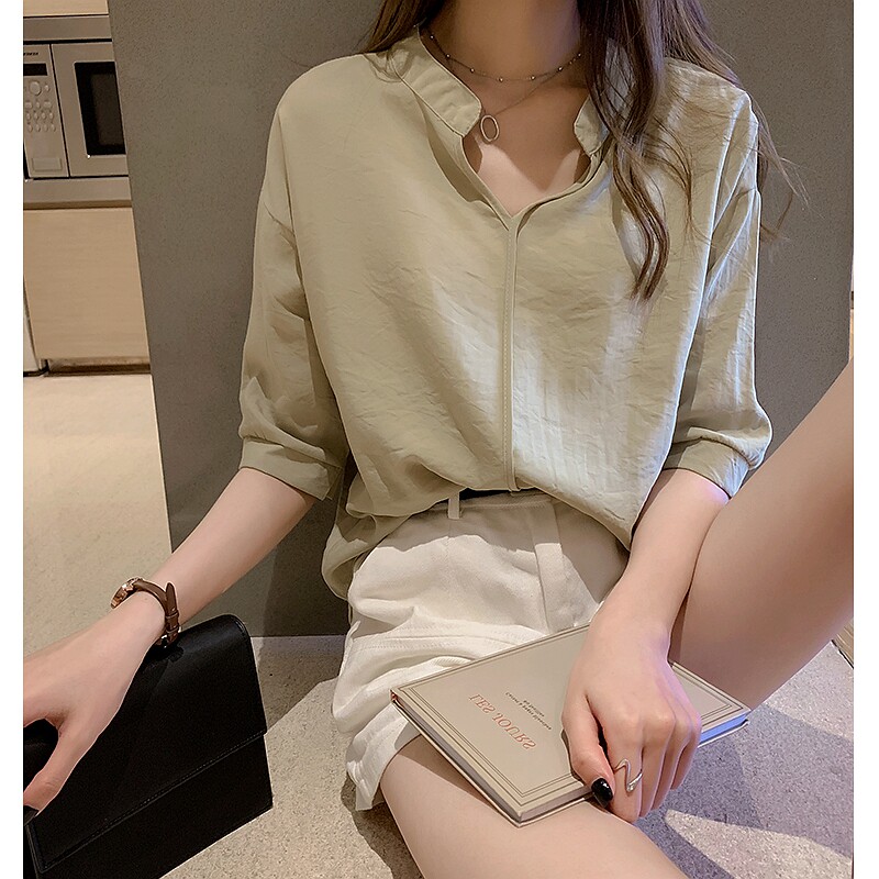 香港2024夏季新款时尚气质雪纺衬衫女小众上衣宽松短袖衬衣打底衫