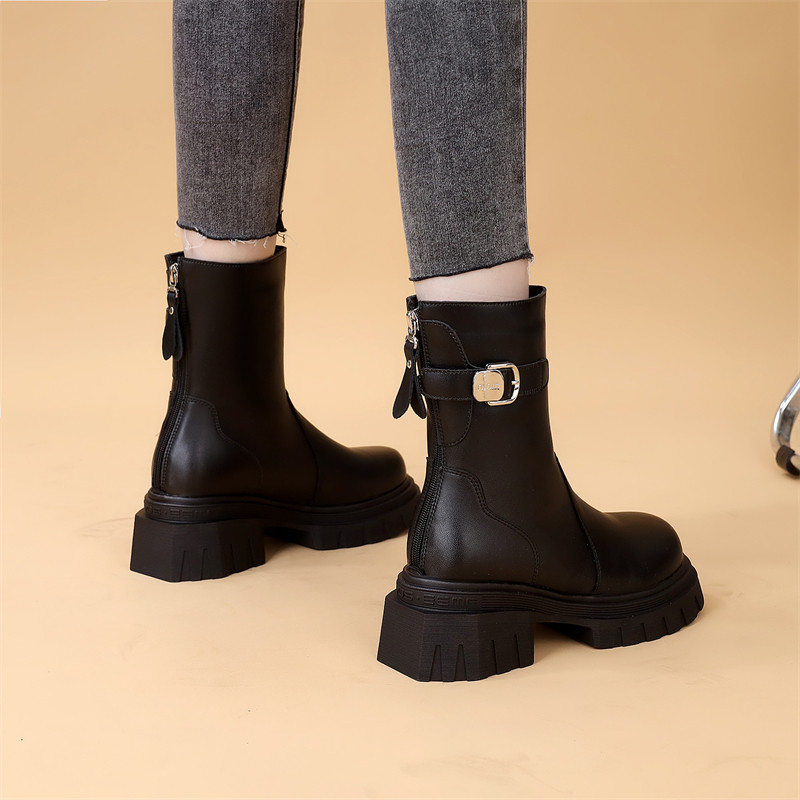 中筒粗跟英伦潮酷短靴女2025秋冬新款小个子增高显瘦加绒保暖皮靴,女鞋,马丁靴,淘宝优惠券,粉丝福利购,淘宝优惠卷