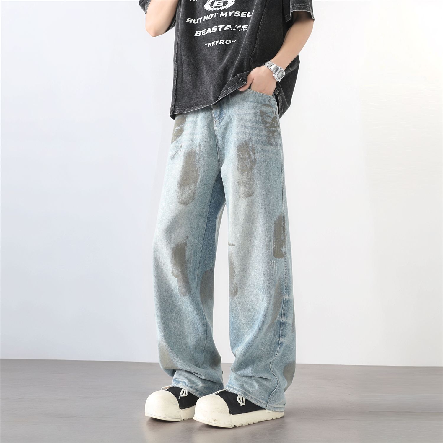 美式高街油漆做旧牛仔裤直筒宽松阔腿夏百搭裤子A155-HC202-TP53,男装牛仔裤,电商A155-1