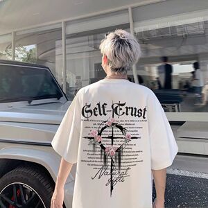 欧美潮牌t恤短袖男款夏季2025新款美式十字架印花纯棉五分袖上衣图片