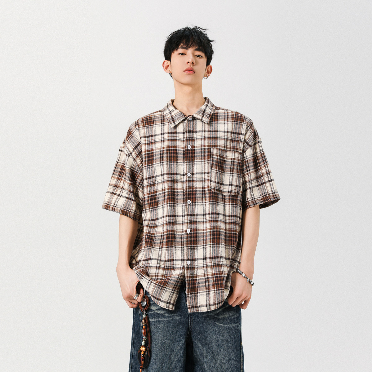 美式潮牌衬衫男2025夏季格子上衣潮流简约百搭A155-KLC02-TP47,男装衬衫,电商A155-1