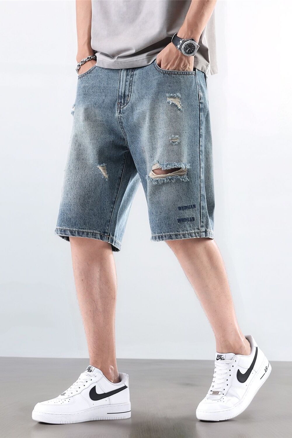 复古破洞牛仔短裤男宽松大码中裤夏季薄款五分裤A155-HC211-TP50,男装牛仔裤,电商A155-1