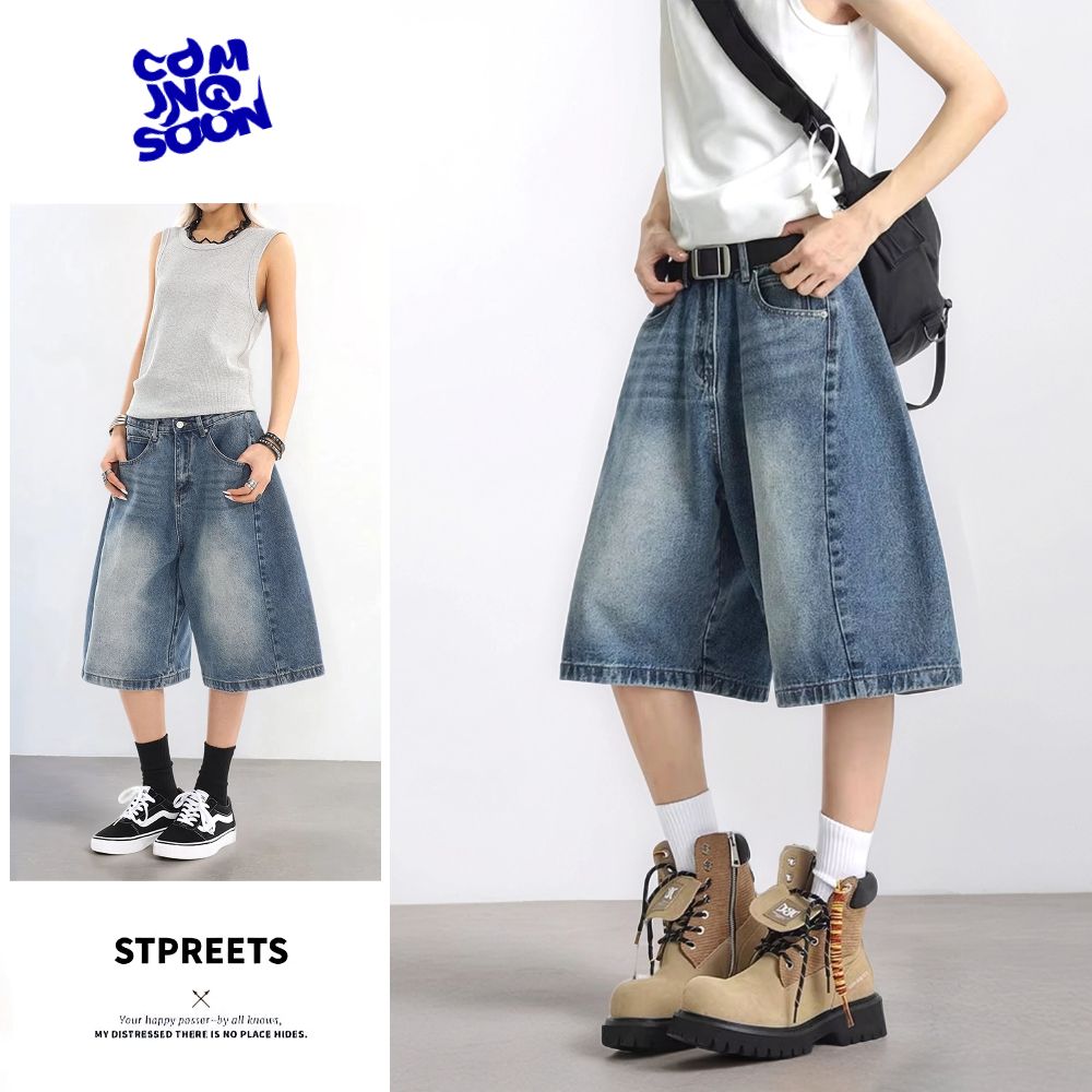 复古水洗做旧牛仔中裤男夏休闲弯刀宽松阔腿短裤A155-HC249-TP43，商品下架区商品下架区，电商A155-1