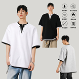 2025夏季短袖T恤港风宽松大码假两件上衣简约百搭A155-KLT08-TP47，男装T恤，电商A155-1