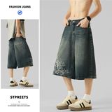 2025夏美式复古潮流宽松阔腿七分裤男直筒牛仔裤A155-HC265-TP55，男装牛仔裤，电商A155-1