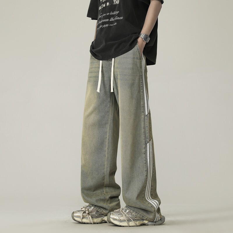 2025牛仔裤男直筒宽松阔腿裤三条杠美式潮牌长裤A155-MJ219-TP51，男装牛仔裤，电商A155-1