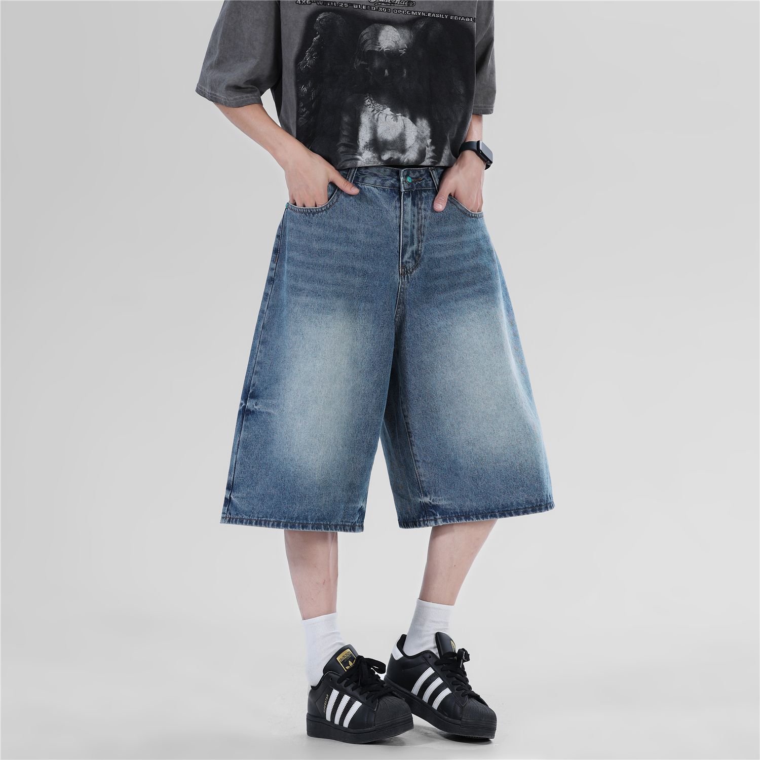 浅蓝阔腿水洗牛仔七分裤男女夏季宽松多重工短裤A155-HC271-TP52,男装牛仔裤,电商A155-1