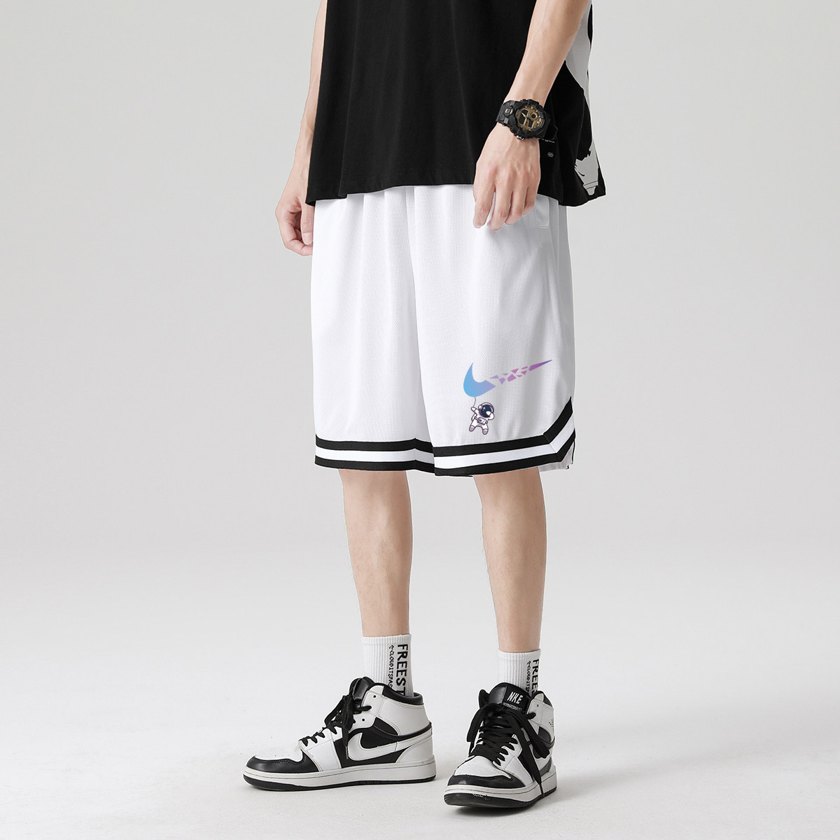 2025夏季冰丝短裤男潮宽松大码港风休闲五分裤撞色A155-K817-TP25,男装牛仔裤,电商A155-1