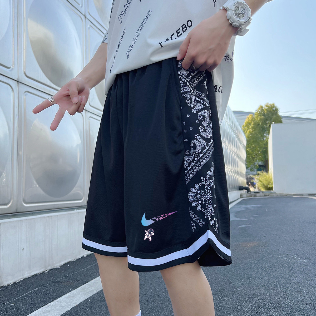 2025夏季冰丝短裤男潮宽松大码港风休闲五分裤撞色A155-K875-TP25,男装牛仔裤,电商A155-1